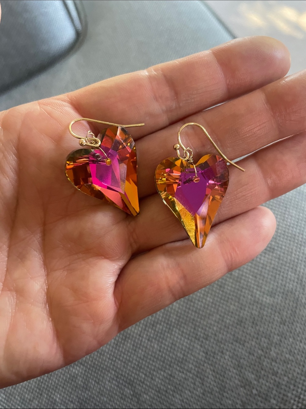 Heart Crystal Drop Earrings in Pink-Orange